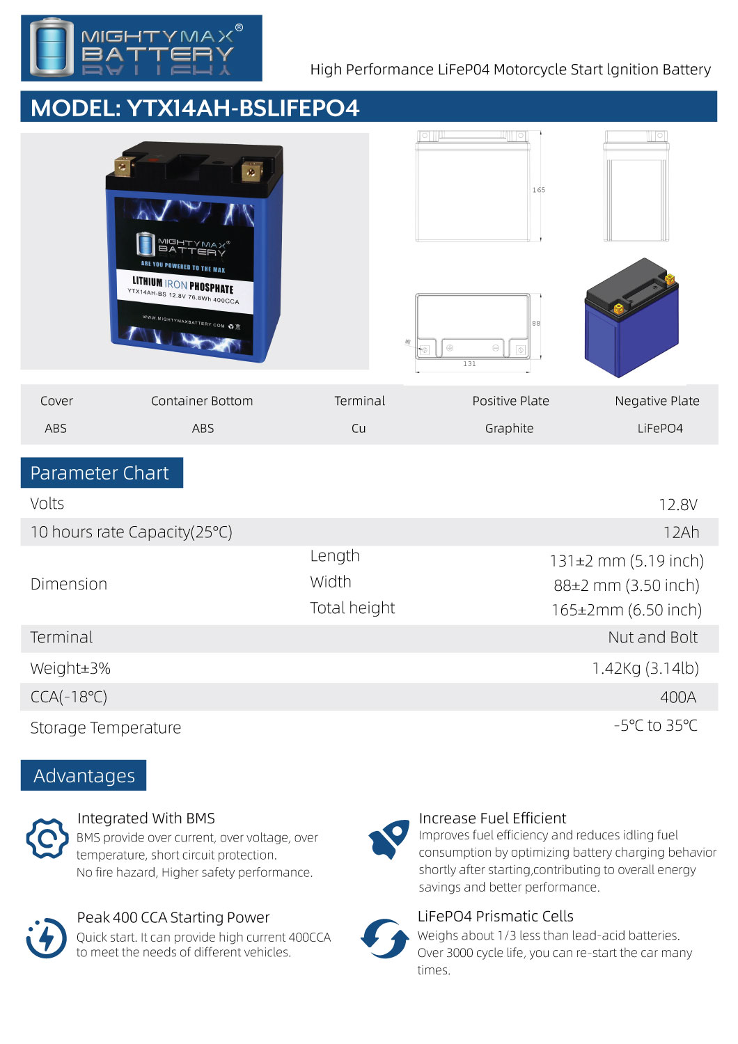 Mighty Max YTX14AH-BS Lithium Replaces Kawasaki 300 KEF300-B